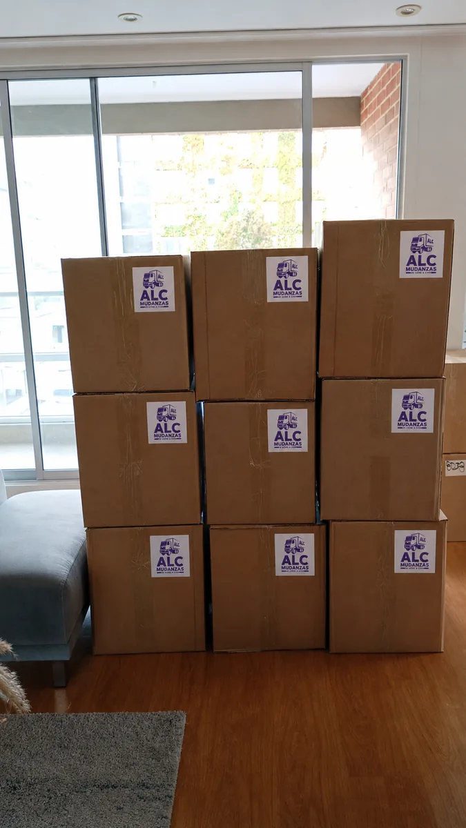 Cajas etiquetadas y organizadas junto a la ventana durante una mudanza